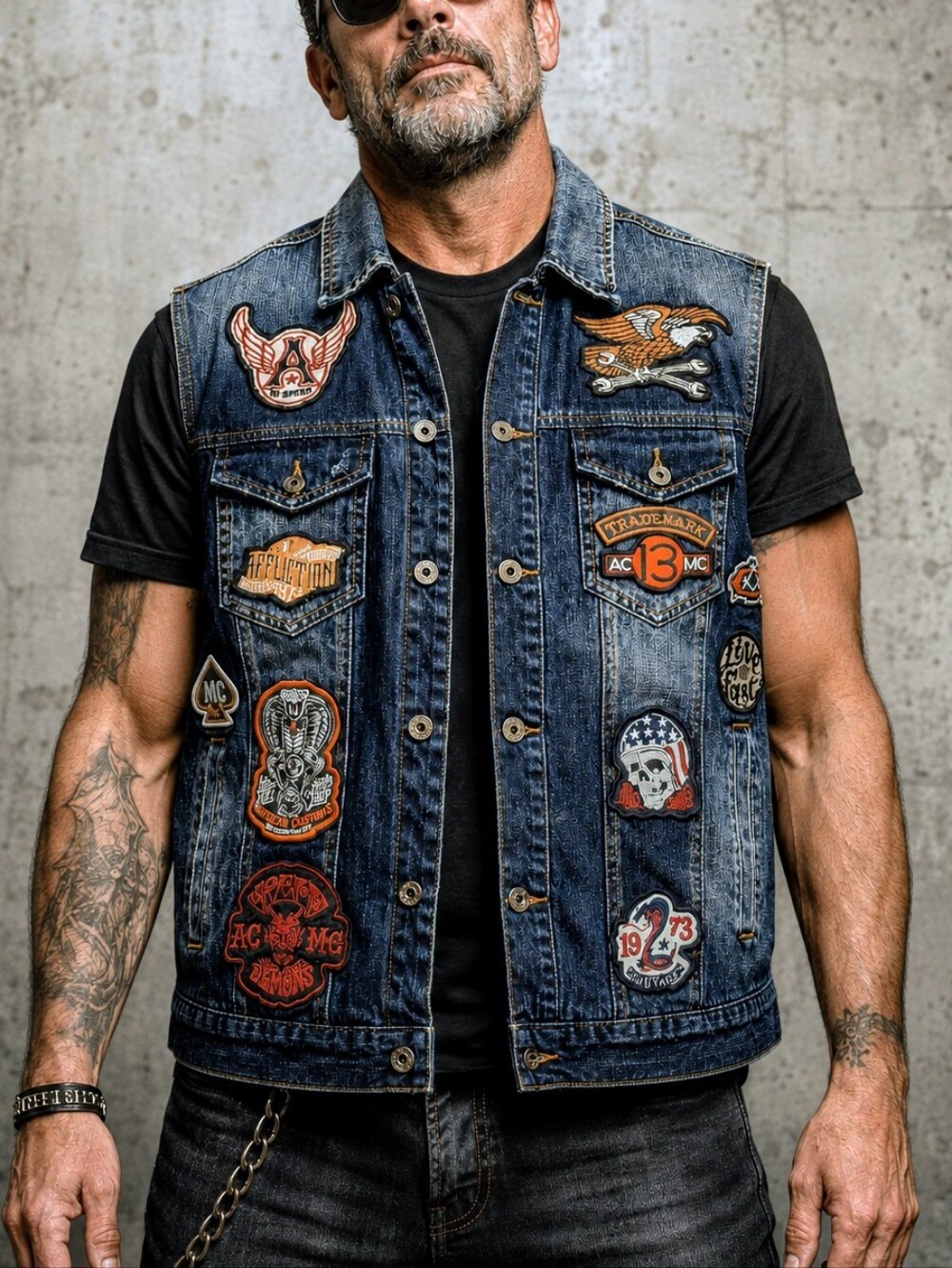 Affliction Black Premium Denim Moto Vest Patchwork Biker Blue Men’s Large EUC